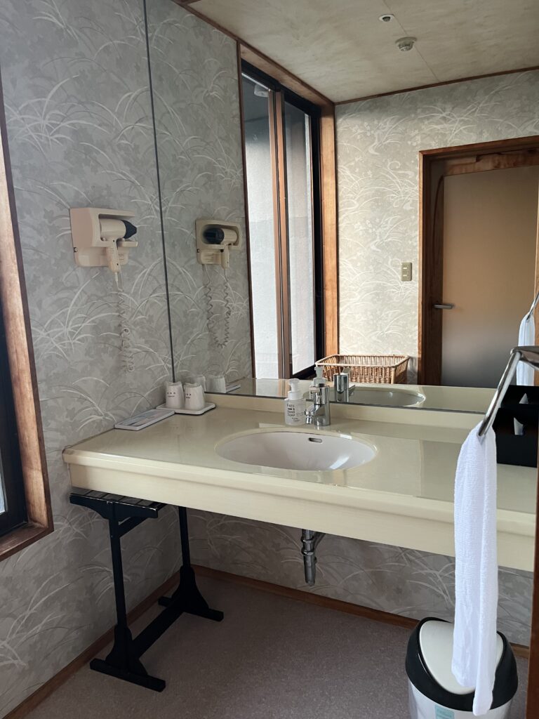 客室内の洗面台。大きな鏡と十分なスペースあり