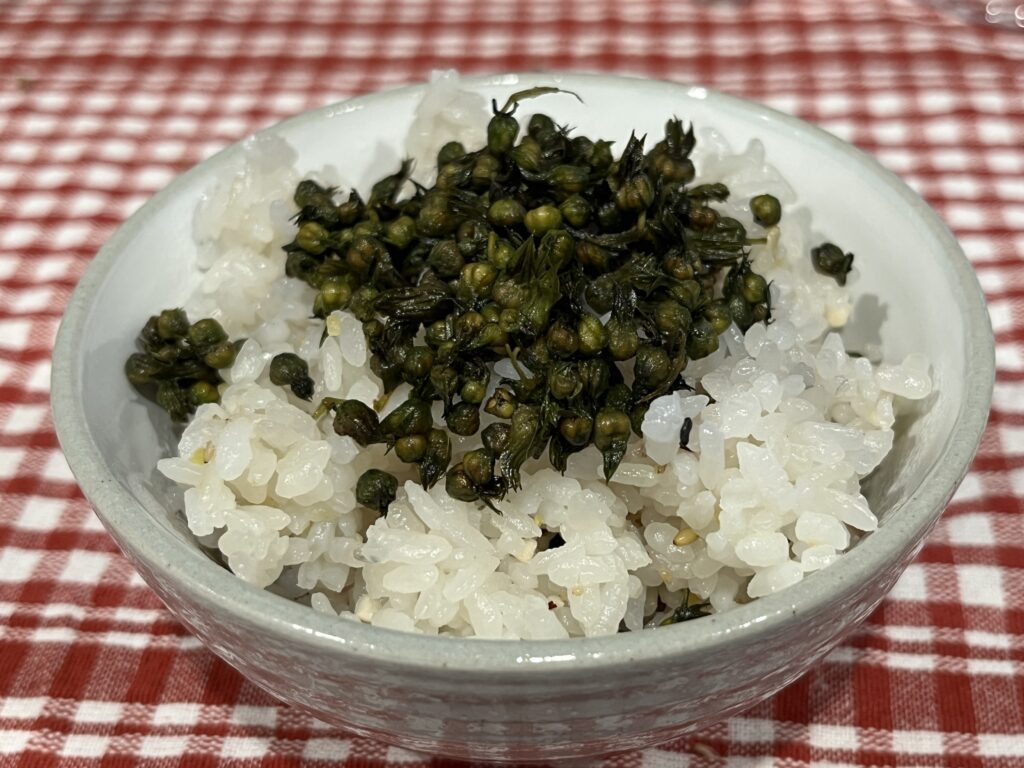 白ごはんの上にえごまふりかけをかけたお茶碗