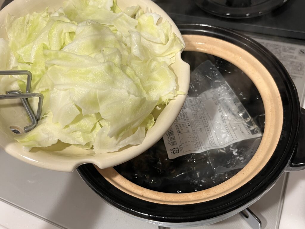 かまどさん 鶏の炭火焼き 湯煎 キャベツ 蒸し